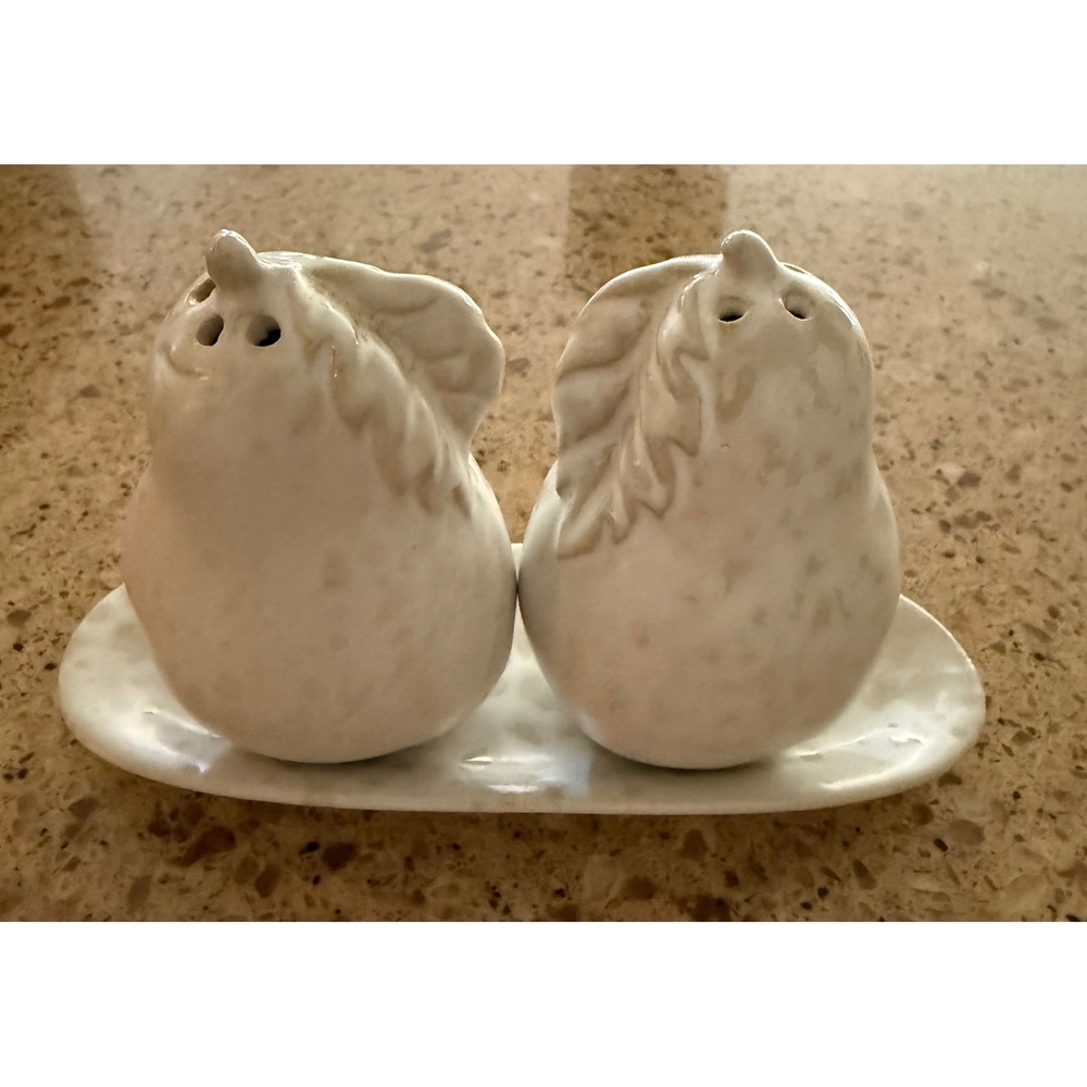 Anthropologie Ceramic Pear Salt and Pepper Shaker Set with Tray Cream White
